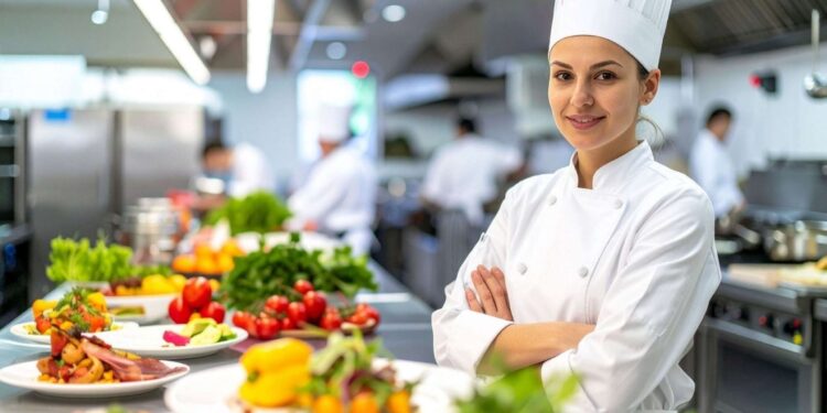 厨师在餐厅厨房准备新鲜蔬菜，农场到餐桌，有机可持续，本地食材