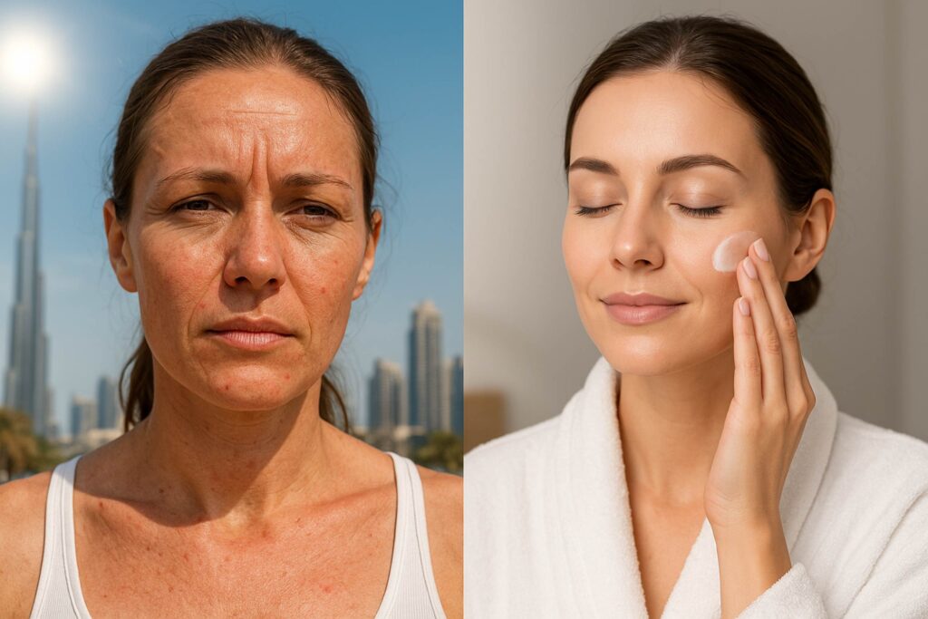 迪拜气候对皮肤的影响：户外受热损伤的女性与室内使用天然护肤成分补水的女性