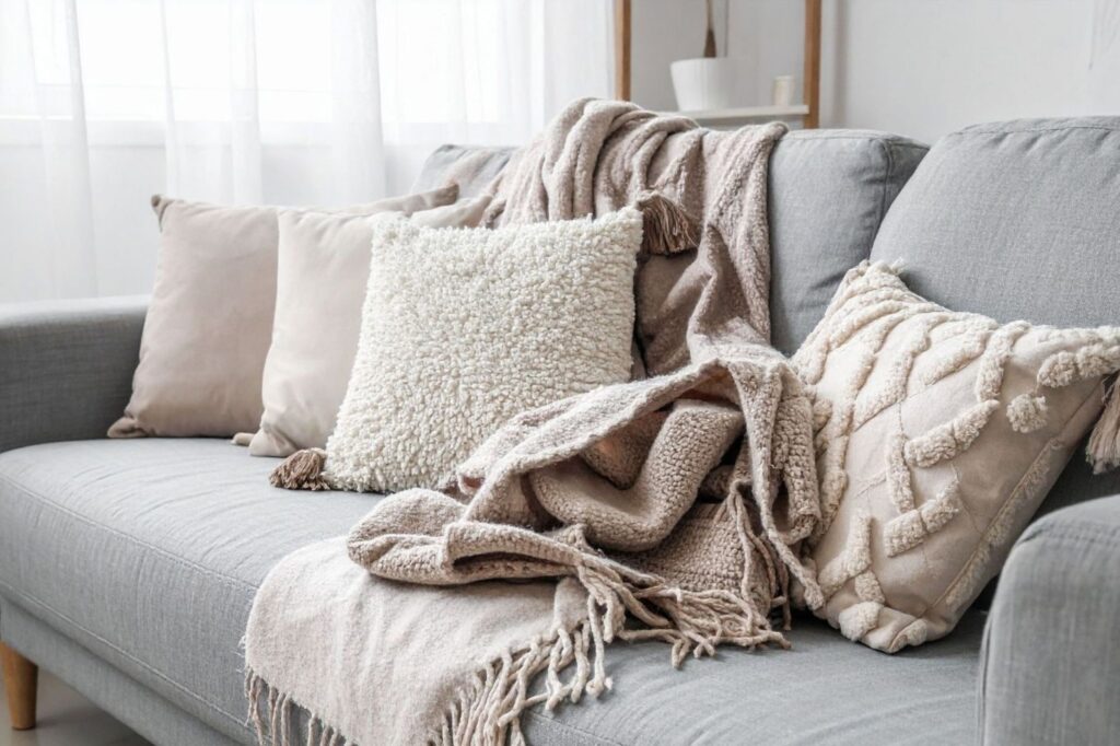 沙发上叠放柔软的毯子和靠垫，营造舒适生活家居温暖