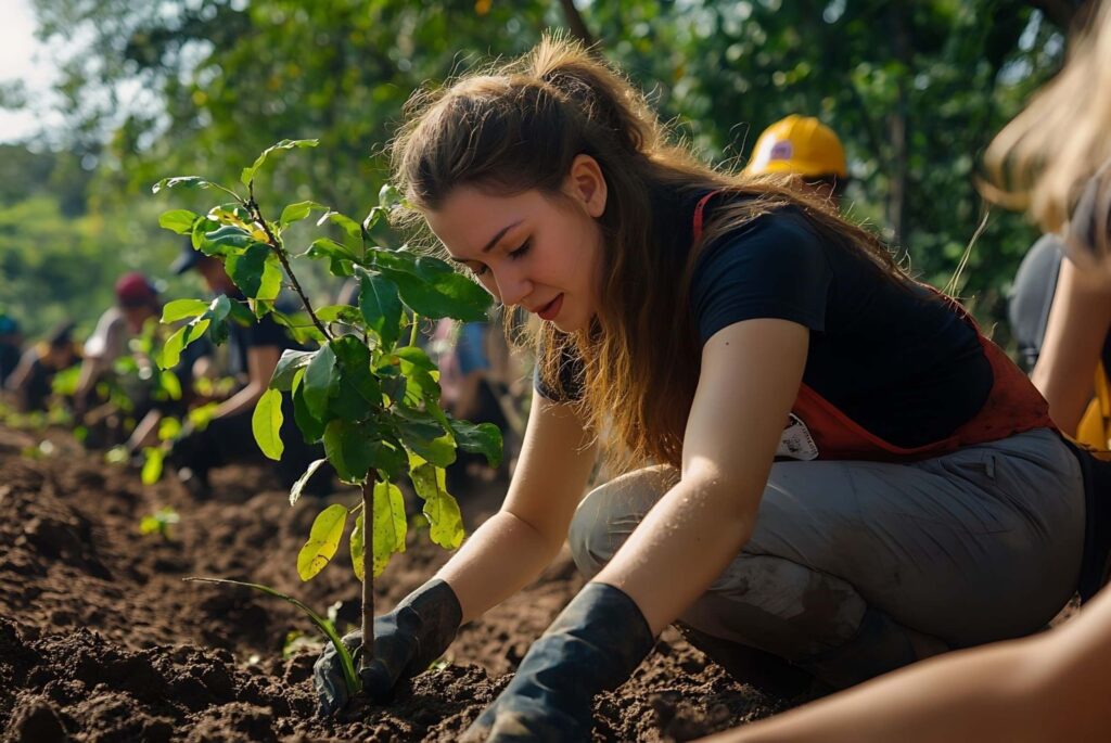 सामुदायिक उद्यान में पेड़ का पौधा लगाती युवा महिला पर्यावरण योद्धा स्थिरता हरित नेता जलवायु