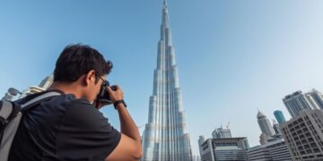 专业摄影师在日落时分捕捉令人惊叹的哈利法塔和迪拜天际线，展示了视觉叙事的优质摄影点