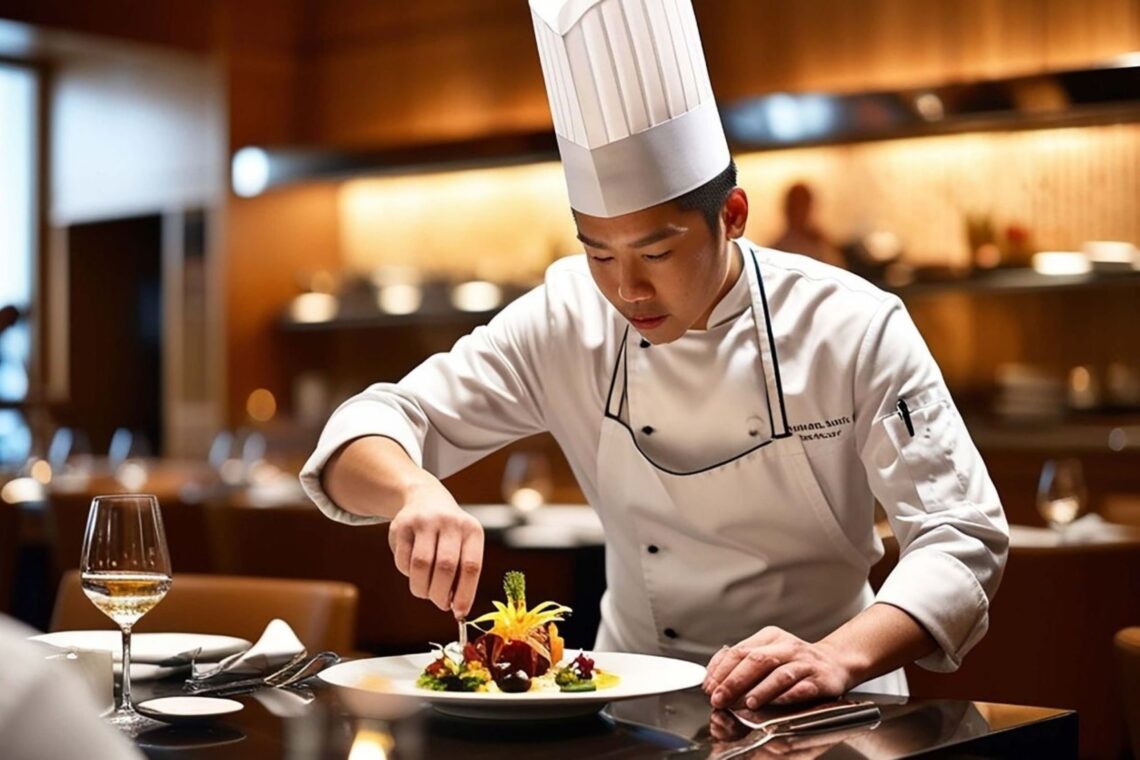 Chef preparing gourmet cuisine in Michelin-star restaurant kitchen Michelin Restaurants dining culinary chef