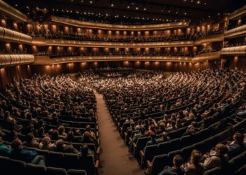 迪拜歌剧院演出，舞台灯光优雅，观众沉浸在歌剧季的文化艺术表演中