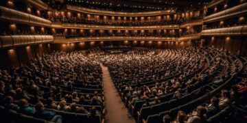 Performance à l'Opéra de Dubaï avec un éclairage de scène élégant et un public assistant à la saison d'opéra, spectacles culturels et artistiques