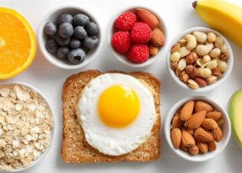 健康无麸质早餐食材，包括鸡蛋吐司和新鲜水果，无麸质早餐健康食谱营养蛋白质