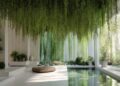 Biophilic interior design incorporating lush indoor plants, water fountain features, and abundant natural lighting to create serene, nature-inspired home environment