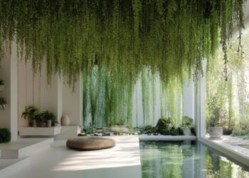 生物亲和室内设计，融入郁郁葱葱的室内植物、水景喷泉和充足的自然光线，营造宁静、受自然启发家居环境