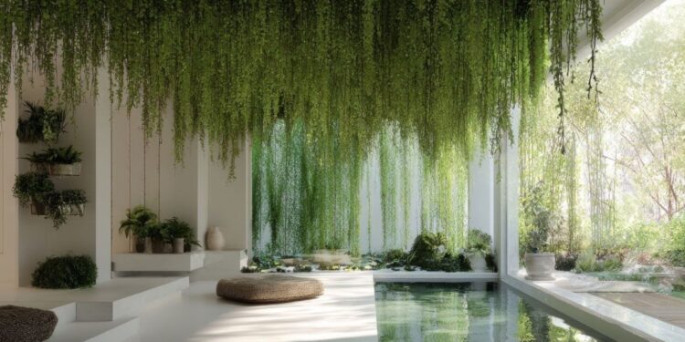 生物亲和室内设计，融入郁郁葱葱的室内植物、水景喷泉和充足的自然光线，营造宁静、受自然启发家居环境