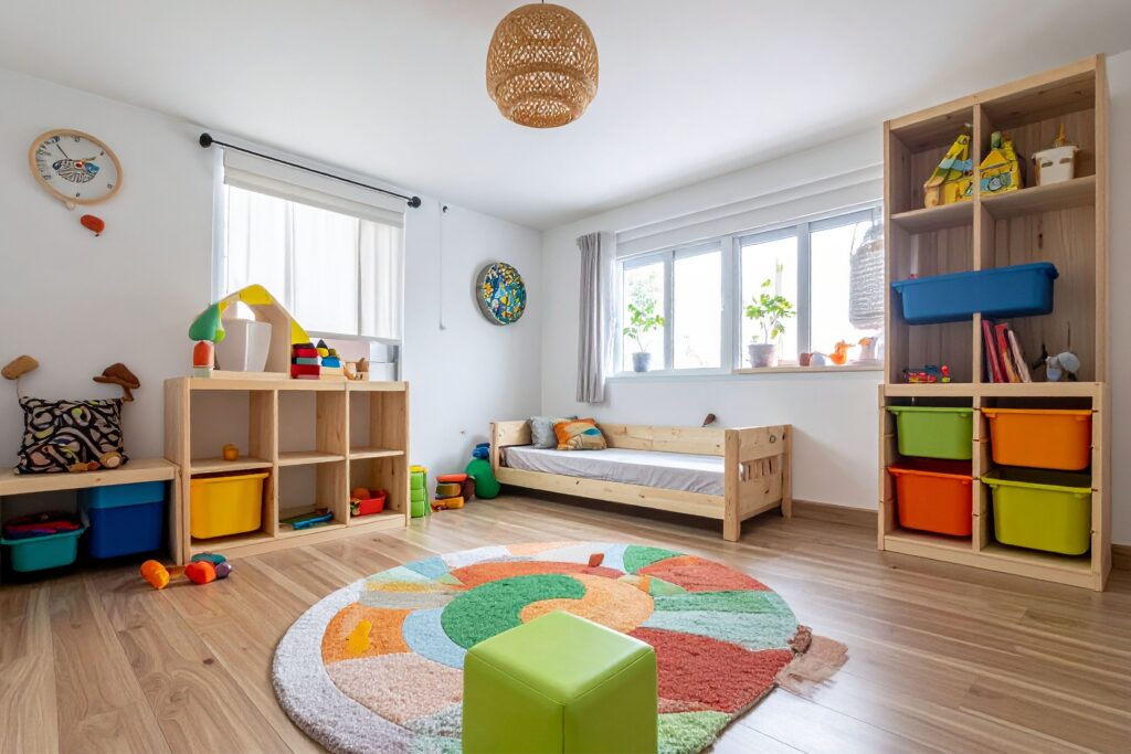 色彩鲜艳的立方体家居收纳方案，在明亮的迪拜儿童卧室空间1中整理玩具和书籍