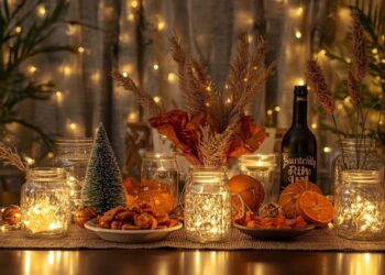 DIY可持续新年装饰，采用棕榈叶、干橙片和带LED灯的玻璃罐等天然材料制作，代表迪拜环保庆祝活动，减少浪费和环境影响