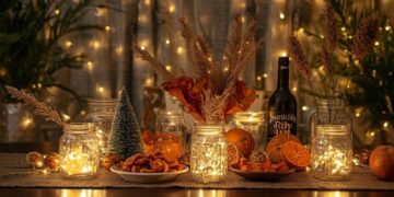 DIY टिकाऊ नए साल की सजावट प्राकृतिक सामग्री से बनी है, जिसमें ताड़ के पत्ते, सूखे संतरे और LED लाइट वाले कांच के जार शामिल हैं, जो पर्यावरण-अनुकूल दुबई समारोहों का प्रतिनिधित्व करते हैं जो कचरे और पर्यावरणीय प्रभाव को कम करते हैं