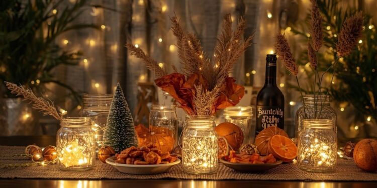 DIY可持续新年装饰，采用棕榈叶、干橙片和带LED灯的玻璃罐等天然材料制作，代表迪拜环保庆祝活动，减少浪费和环境影响