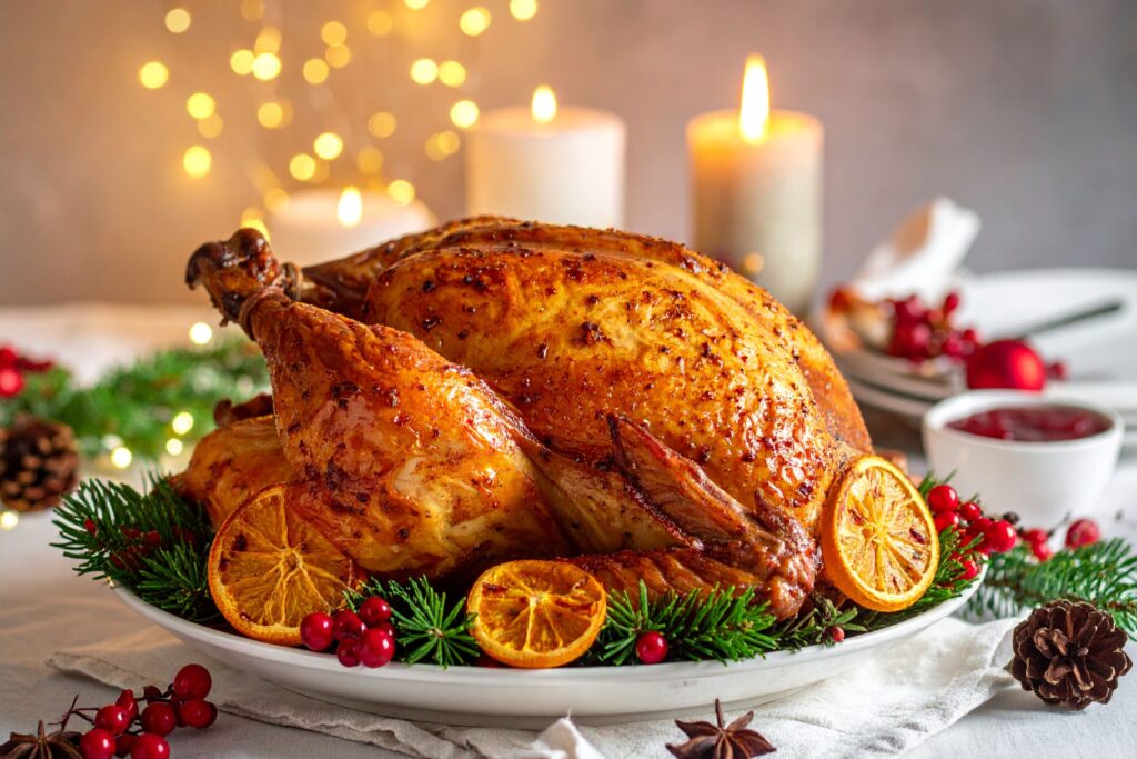 Festive menus Dubai featuring traditional Christmas turkey dinner with elegant table decorations