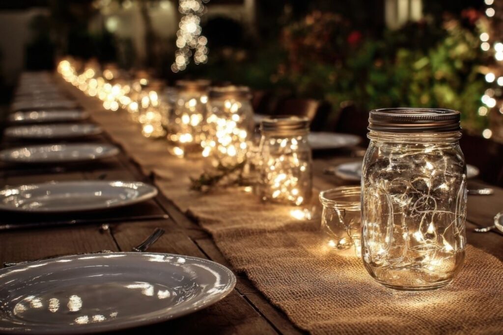 装有LED小彩灯和天然元素的玻璃罐，在迪拜家庭中营造可持续新年装饰，展示了环保意识庆祝活动的节能环保照明替代方案