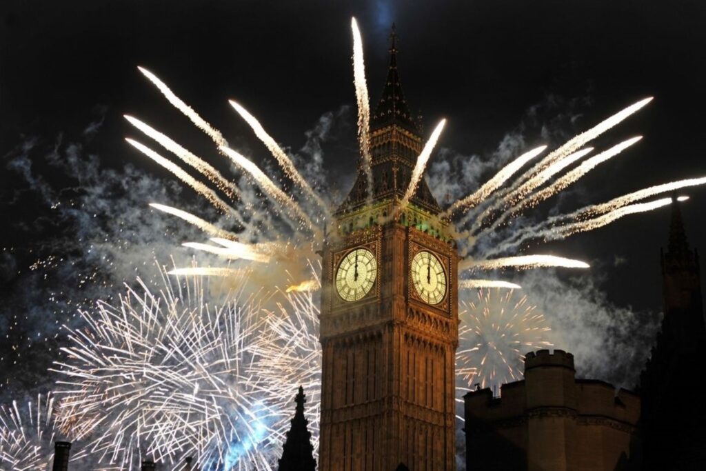 伦敦眼和泰晤士河上空壮观的新年烟花，展示了迪拜居民寻求节日城市庆祝和标志性倒计时体验的欧洲出游目的地。