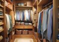 Modern home storage system with white modular shelving units organizing clothes and accessories in Dubai apartment walk-in closet