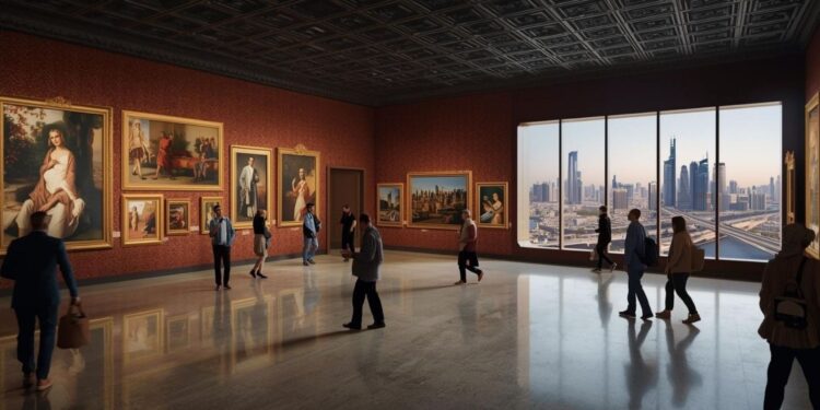 Exposition de la galerie Art Dubai montrant des collectionneurs et des visiteurs admirant des œuvres d'art contemporaines à la première foire du Moyen-Orient