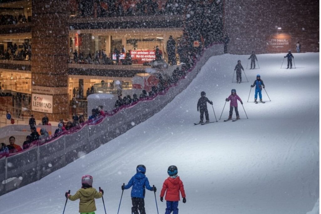 Mall of the Emirates Dubai Summer इनडोर आकर्षण Ski Dubai स्नो स्लोप दिखा रहा है जो गर्मी से एक शांत पलायन है