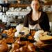 A smiling woman selecting a treat at one of Dubai's gluten-free bakeries, surrounded by fresh baked goods on a cafe counter.