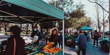 family-outdoor-food-market-weekend-unsplash - DUBAIwebzine A woman selects organic vegetables at a Dubai farmers markets stall, surrounded by colourful local produce