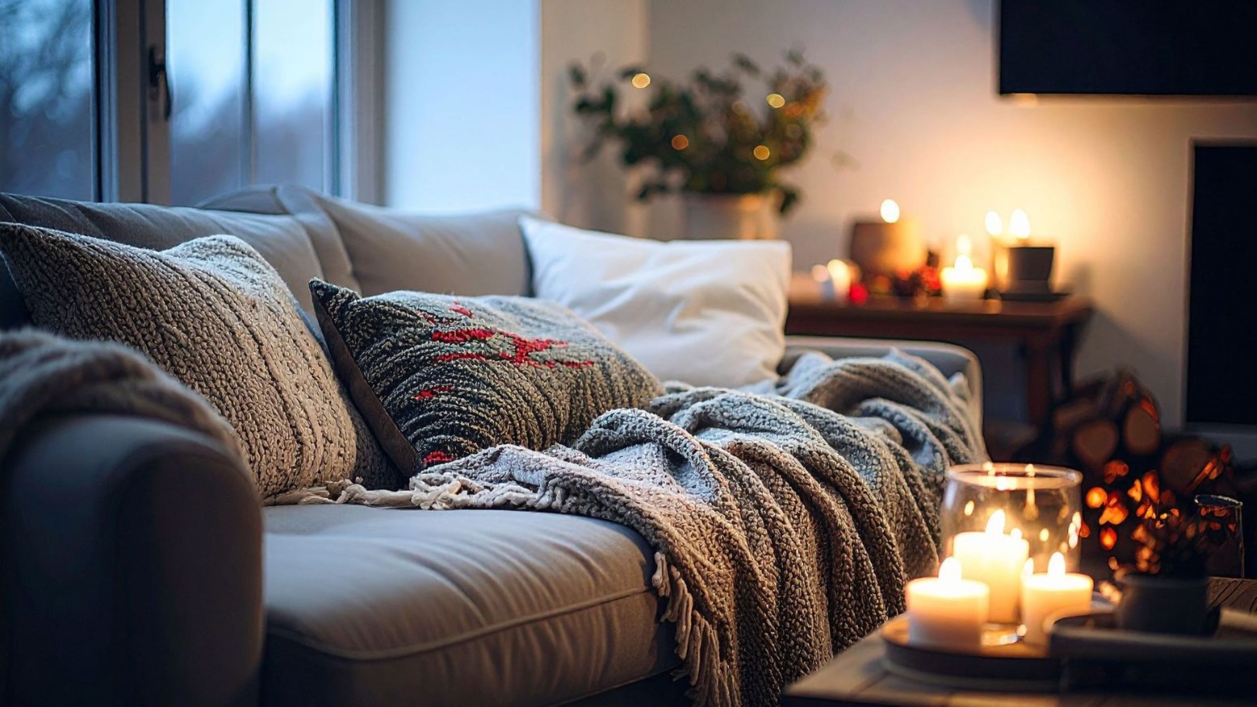 Soggiorno caldo e accogliente con illuminazione soffusa e comodi posti a sedere, casa confortevole, calore, hygge