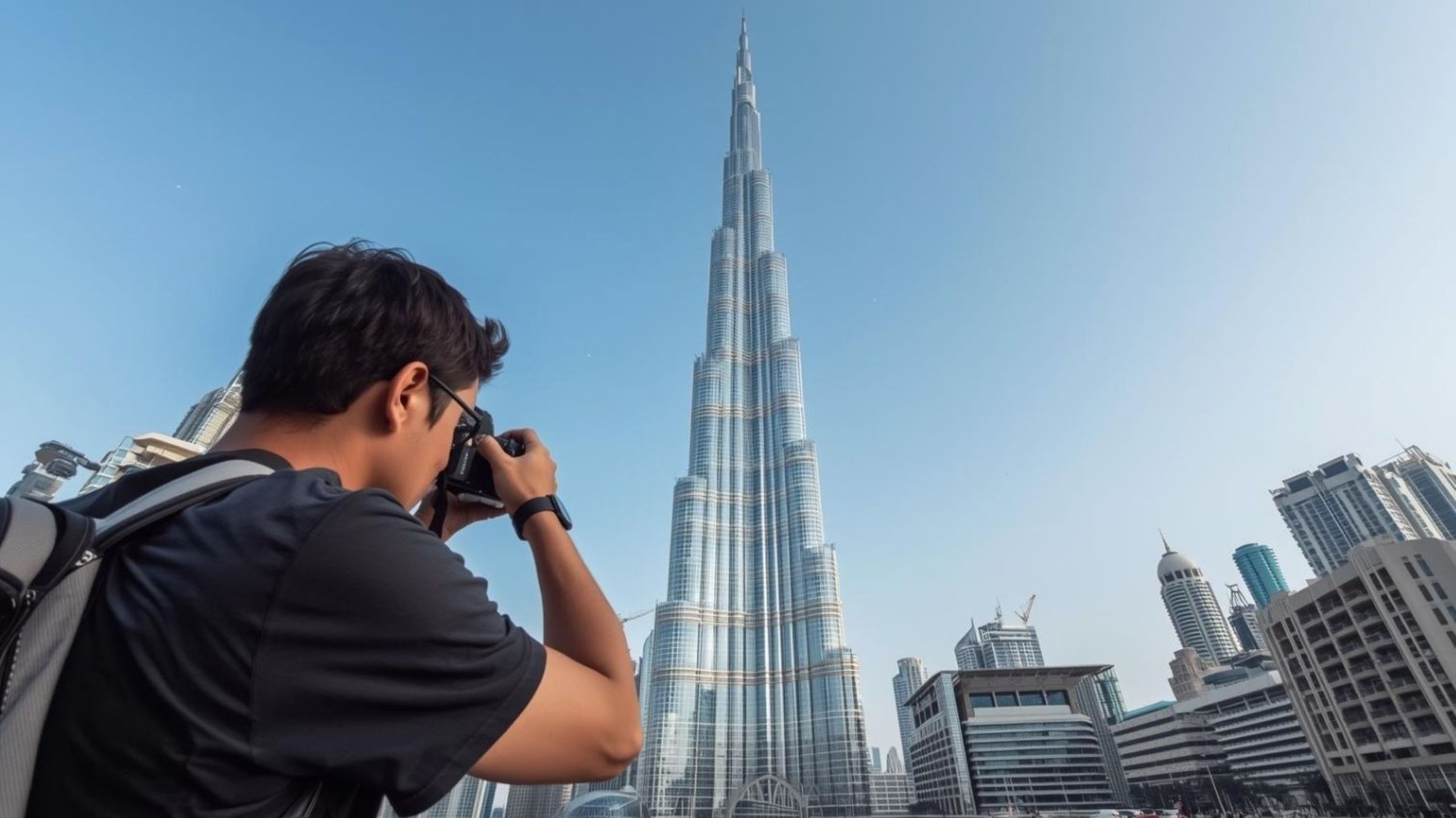 Photographe professionnel capturant le Burj Khalifa et la skyline de Dubaï au coucher du soleil, mettant en valeur des lieux de photographie d'exception pour le storytelling visuel
