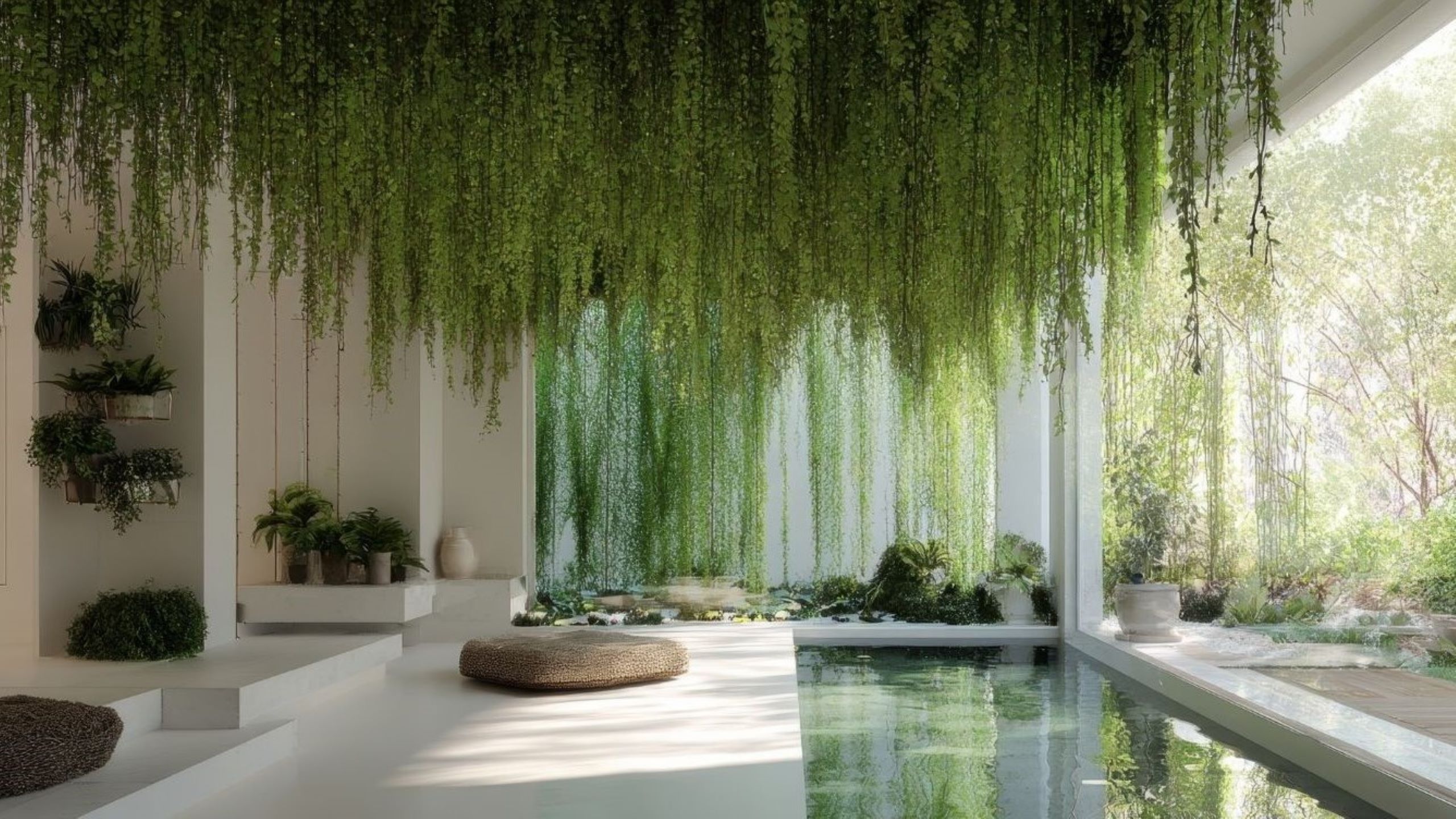 Design intérieur biophilique intégrant des plantes d'intérieur luxuriantes, des fontaines d'eau et un éclairage naturel abondant pour créer un environnement domestique serein et inspiré par la nature