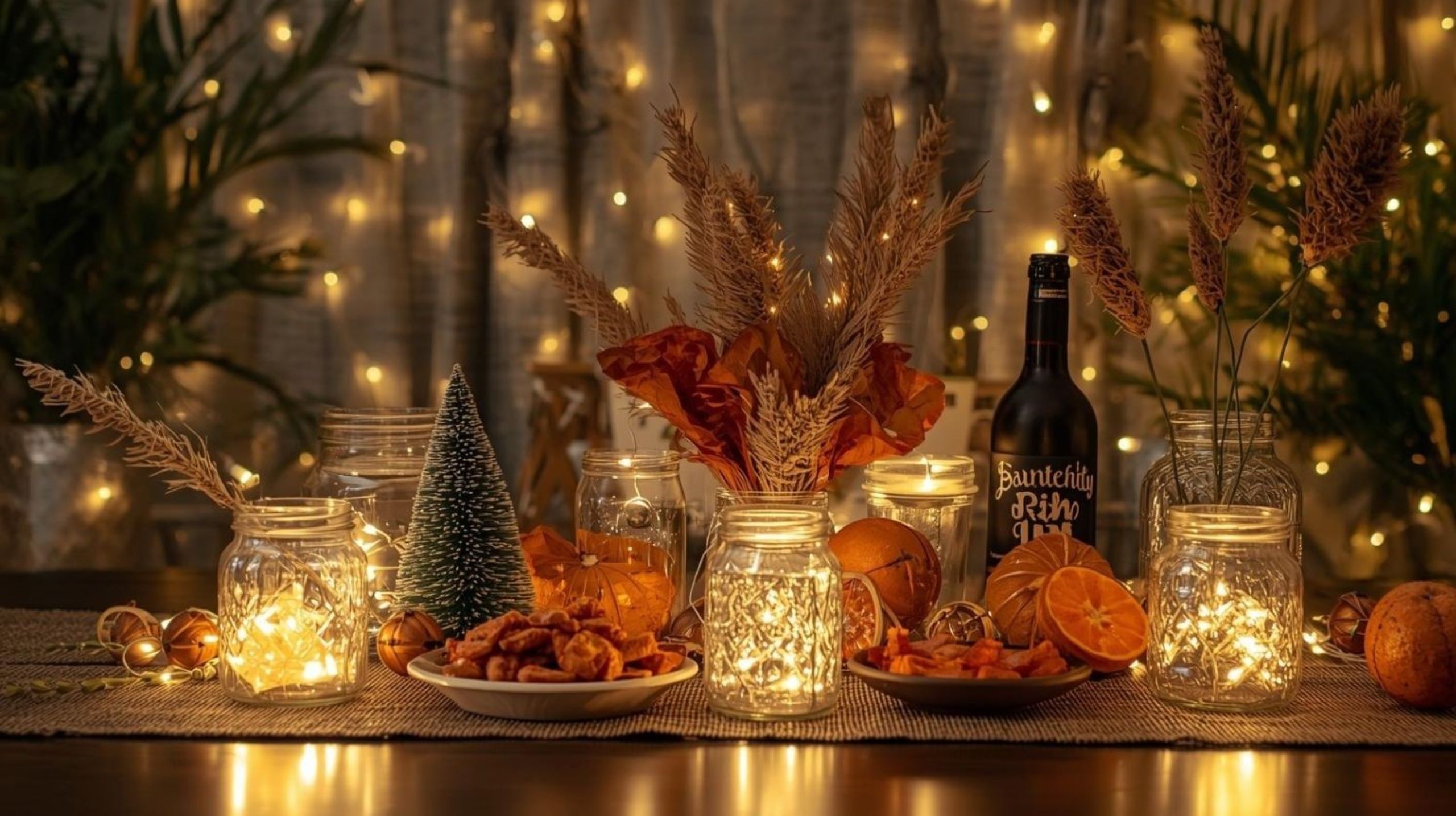 Décorations du Nouvel An durables faites maison à partir de matériaux naturels, y compris des feuilles de palmier, des oranges séchées et des bocaux en verre avec des lumières LED, représentant des célébrations éco-responsables à Dubaï réduisant les déchets et l'impact environnemental