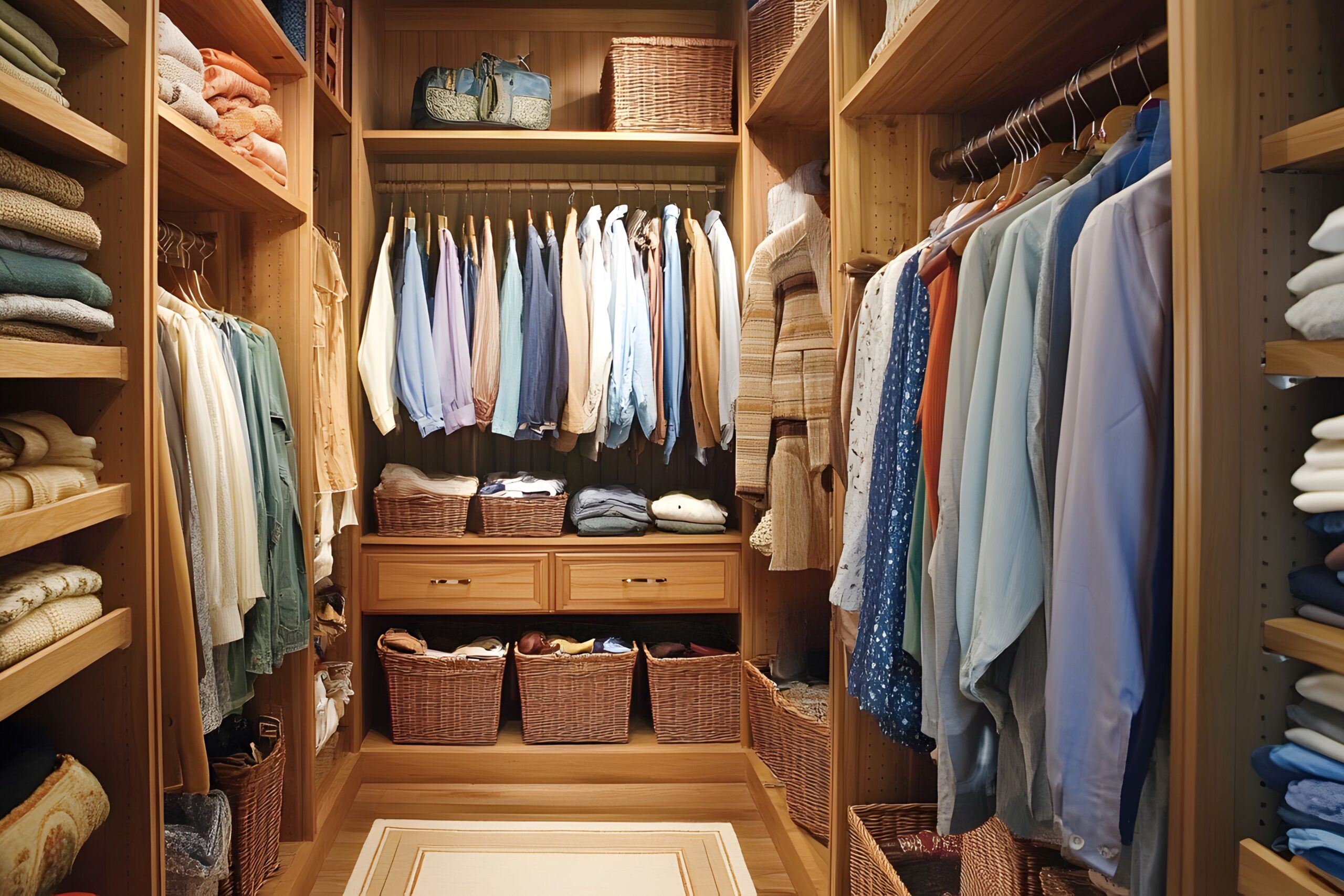 Système de rangement moderne pour la maison avec des étagères modulaires blanches organisant vêtements et accessoires dans un dressing d'appartement à Dubaï