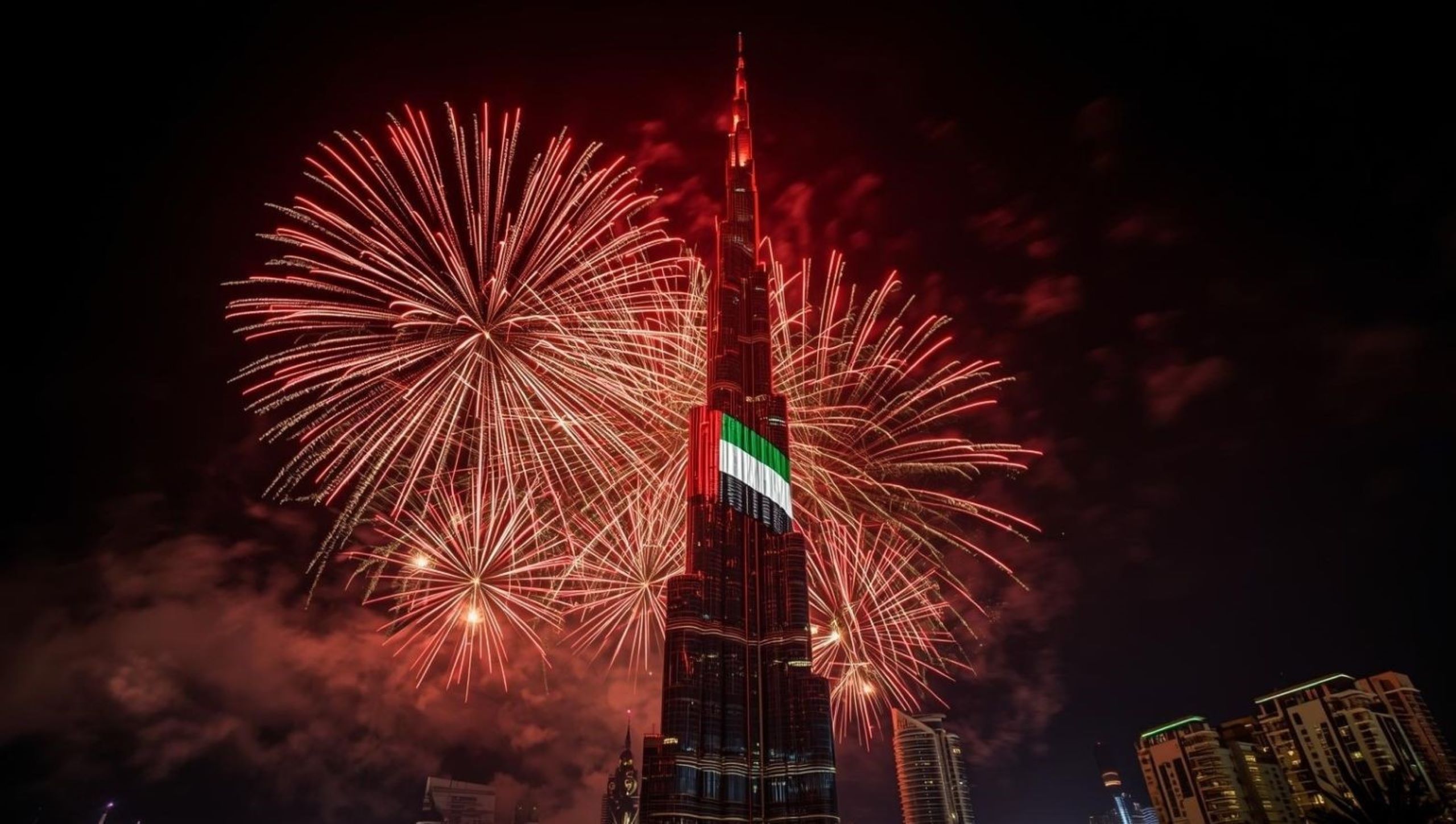 Feux d'artifice spectaculaires pour la Fête Nationale des Émirats Arabes Unis illuminant le Burj Khalifa et la skyline de Dubaï lors des célébrations de l'Aïd Al Etihad, présentant les événements phares de la Fête Nationale qui attirent des milliers de personnes.
