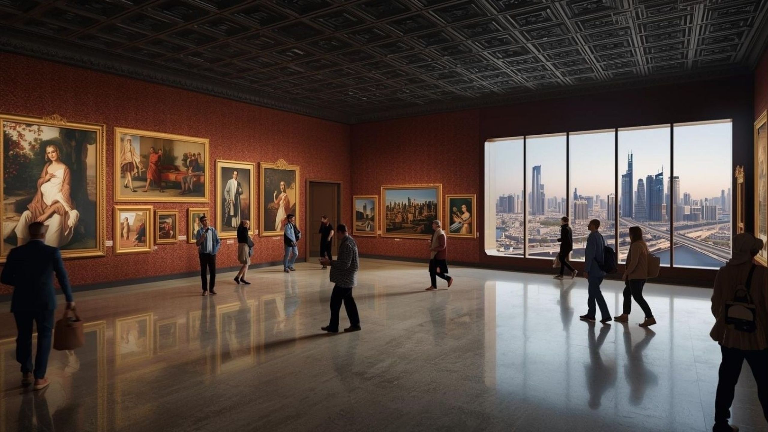 Exhibición de galería de Art Dubai que muestra a coleccionistas y visitantes observando obras de arte contemporáneo en la feria premier de Oriente Medio
