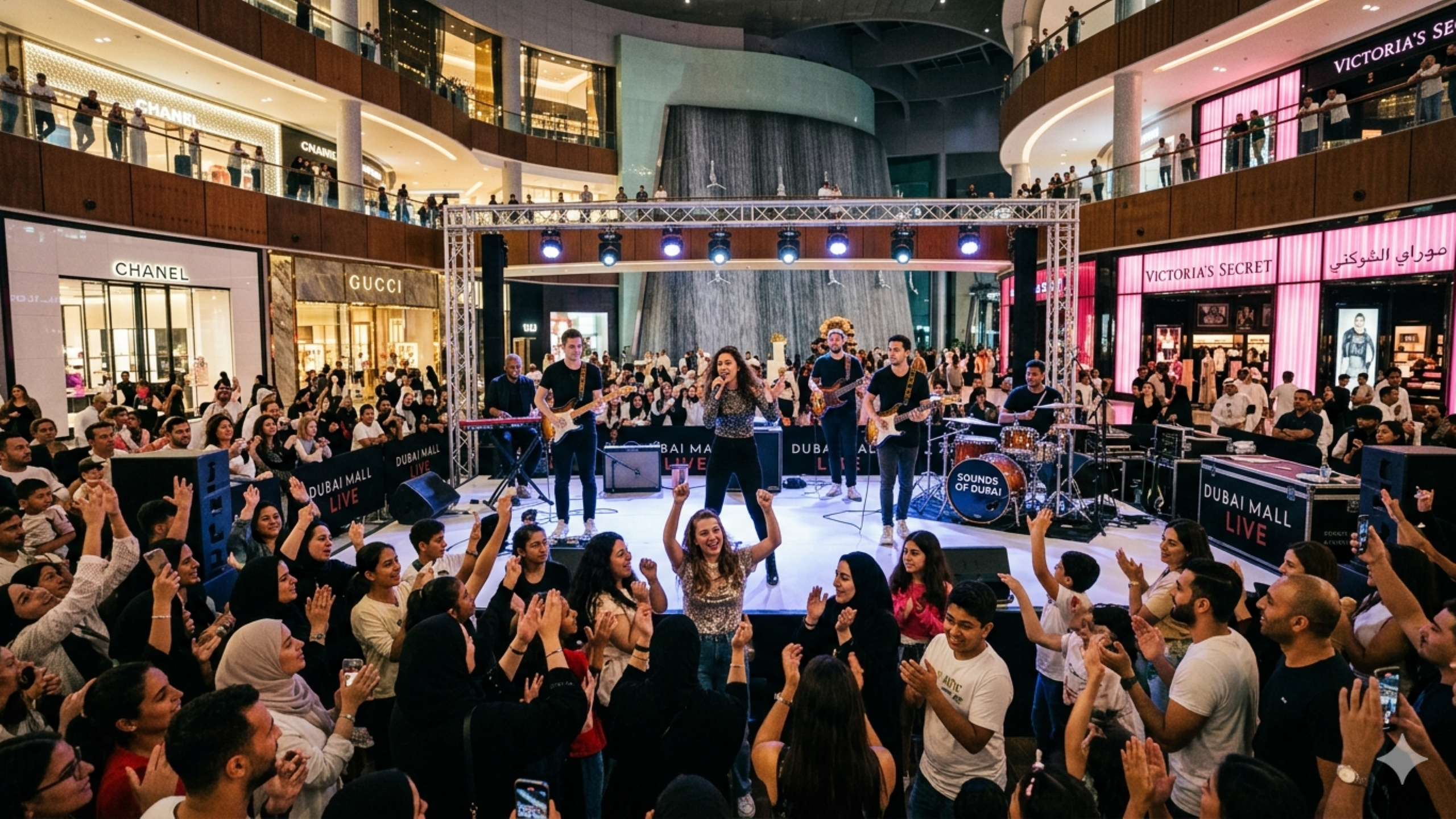 Spectacle de musique live dans l'atrium d'un centre commercial de Dubaï avec un groupe sur scène, une foule en délire et des boutiques de luxe visibles.